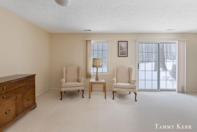 living area with light carpet and a textured ceiling