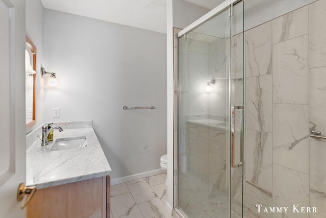 bathroom featuring vanity, toilet, and an enclosed shower