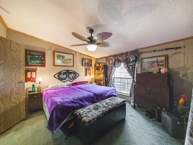 carpeted bedroom featuring ceiling fan, crown molding, lofted ceiling, and a textured ceiling