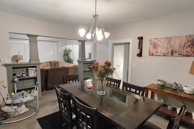 carpeted dining room with a chandelier