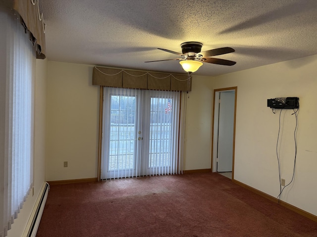 unfurnished room with a textured ceiling, ceiling fan, a baseboard radiator, and carpet