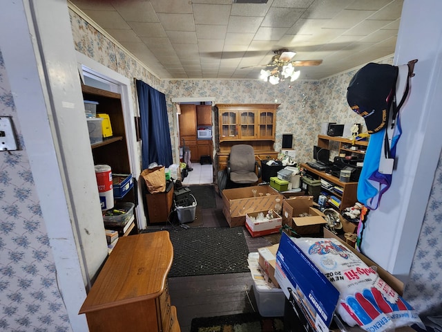 office space featuring ceiling fan and hardwood / wood-style floors