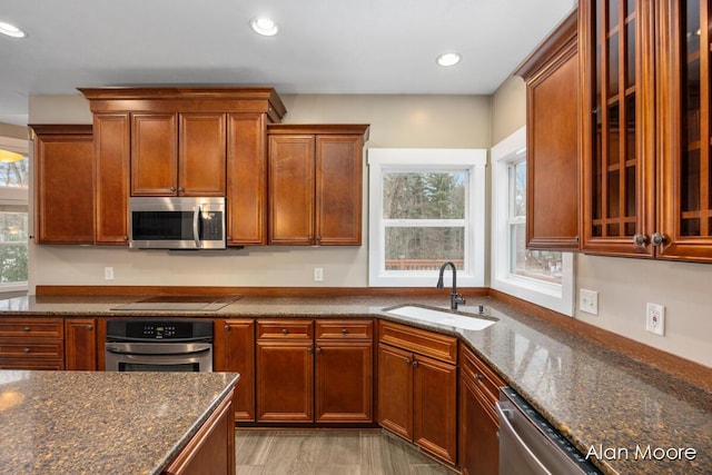 kitchen featuring dark stone countertops, sink, and stainless steel appliances