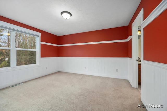 unfurnished room with light colored carpet and a textured ceiling