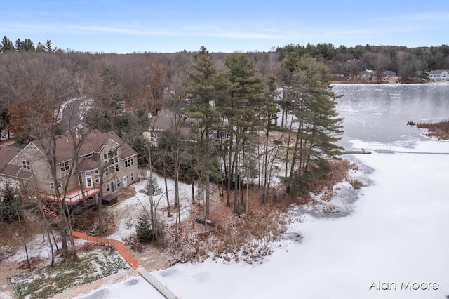 snowy aerial view with a water view