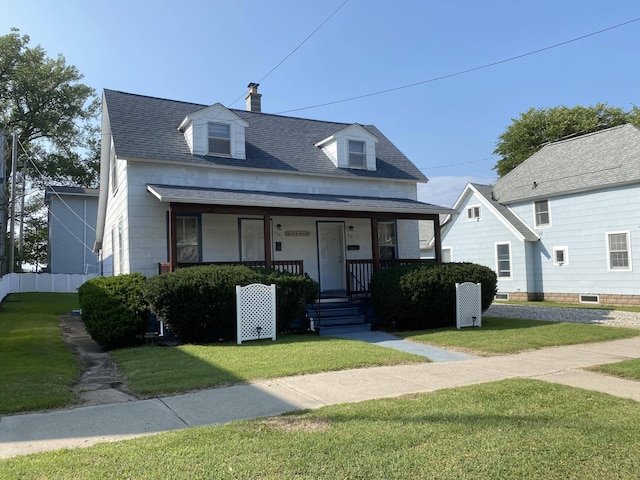 new england style home with covered porch and a front yard