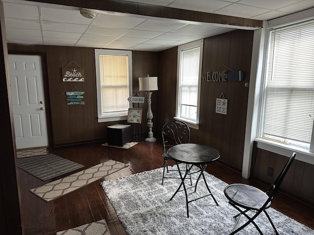 interior space with a paneled ceiling, dark hardwood / wood-style floors, a wealth of natural light, and wood walls