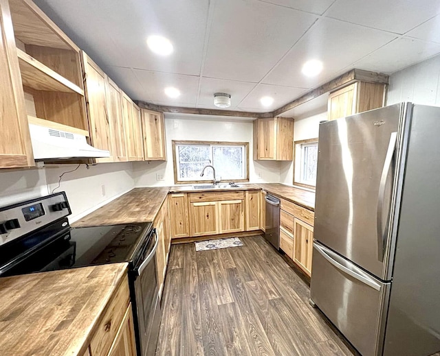 kitchen featuring stainless steel appliances, sink, exhaust hood, light brown cabinets, and dark hardwood / wood-style floors