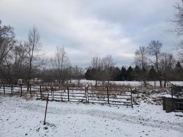 yard covered in snow featuring a rural view