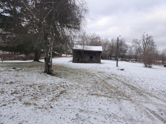 yard covered in snow featuring a storage unit