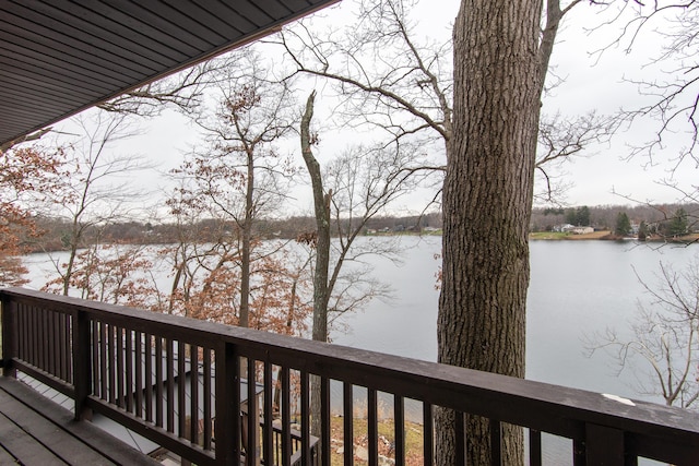 deck featuring a water view