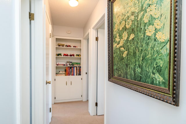 hall featuring light carpet and a textured ceiling