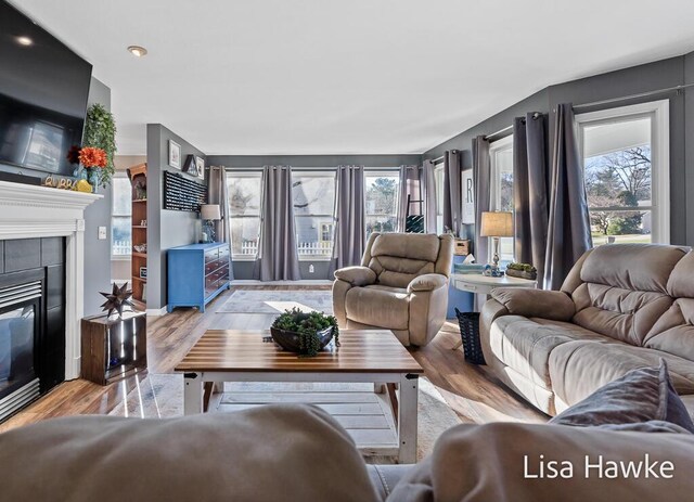 living room with a tile fireplace and light wood-type flooring