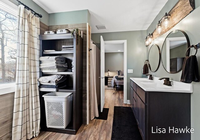 bathroom featuring hardwood / wood-style flooring, vanity, and a healthy amount of sunlight