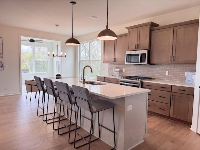 kitchen with light wood finished floors, a sink, backsplash, stainless steel appliances, and an island with sink