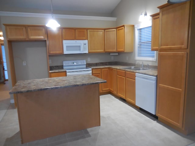 kitchen featuring sink, a center island, hanging light fixtures, white appliances, and ornamental molding