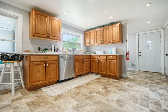 kitchen with dishwasher and ornamental molding