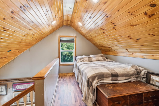 bedroom with wood ceiling, lofted ceiling, and hardwood / wood-style flooring