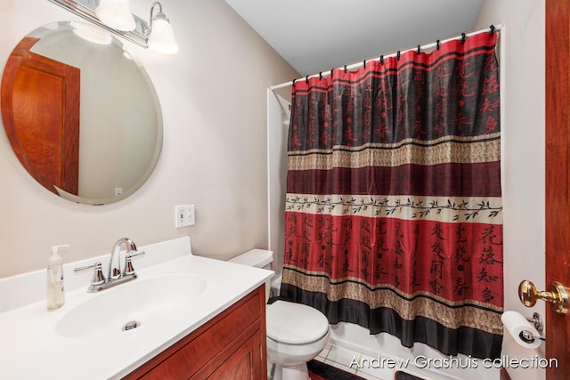 bathroom featuring toilet, vanity, and walk in shower