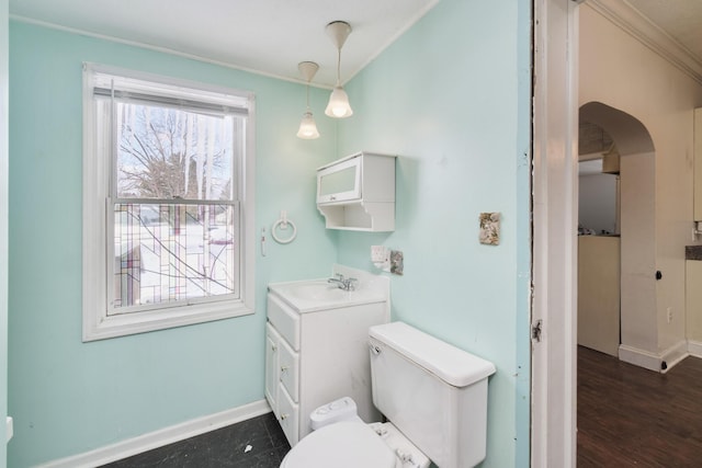 bathroom with plenty of natural light, toilet, crown molding, and vanity