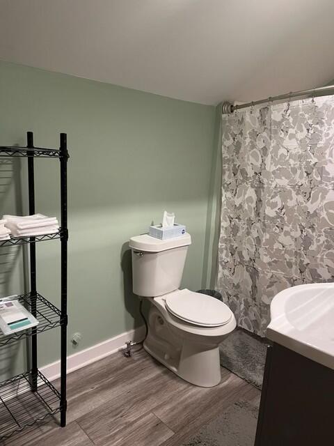 bathroom featuring hardwood / wood-style flooring, vanity, and toilet