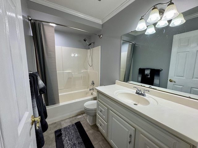 full bathroom with shower / bath combo, vanity, tile patterned flooring, toilet, and ornamental molding