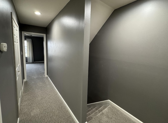 hallway featuring carpet floors and lofted ceiling