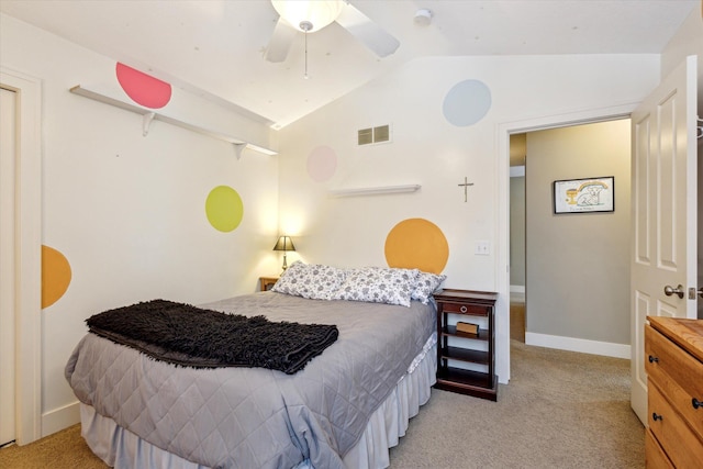 carpeted bedroom featuring ceiling fan and lofted ceiling