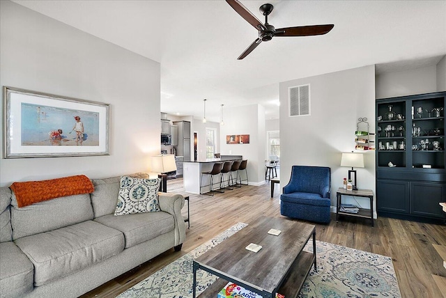 living room with hardwood / wood-style floors and ceiling fan