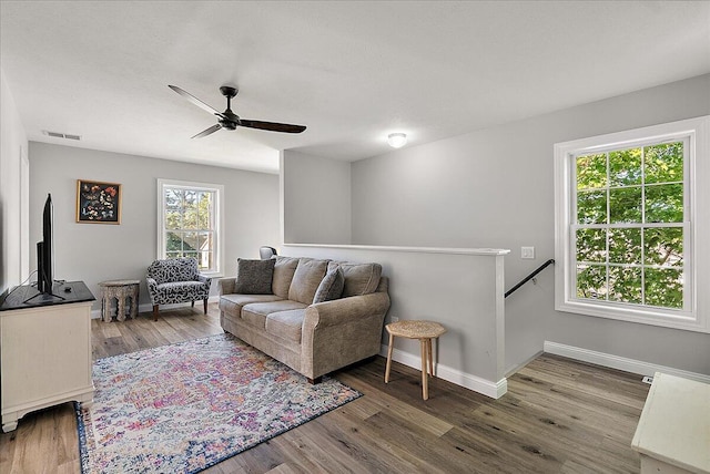 living room featuring wood-type flooring, a wealth of natural light, and ceiling fan