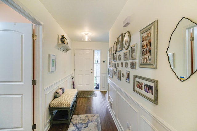 interior space with dark wood-type flooring