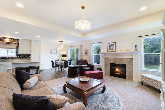 living room featuring a fireplace, light hardwood / wood-style floors, and sink