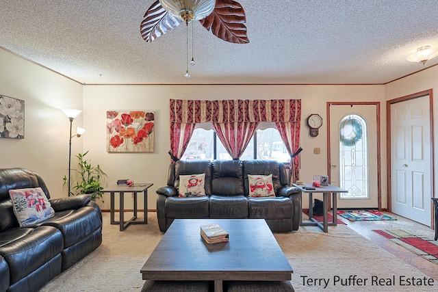 carpeted living room with ornamental molding and a textured ceiling