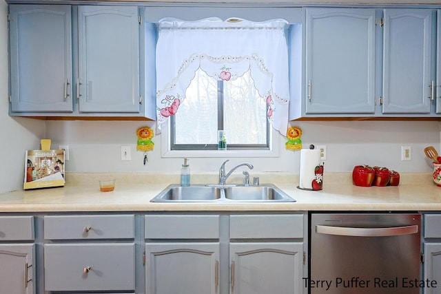 kitchen featuring stainless steel dishwasher, sink, and gray cabinetry