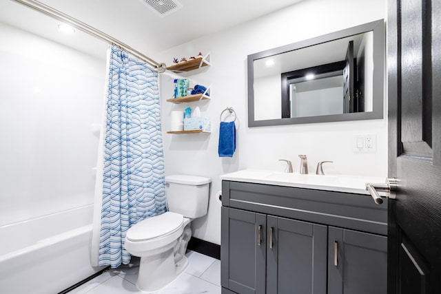 full bathroom featuring tile patterned flooring, shower / bath combination with curtain, vanity, and toilet