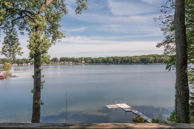 view of water feature with a dock