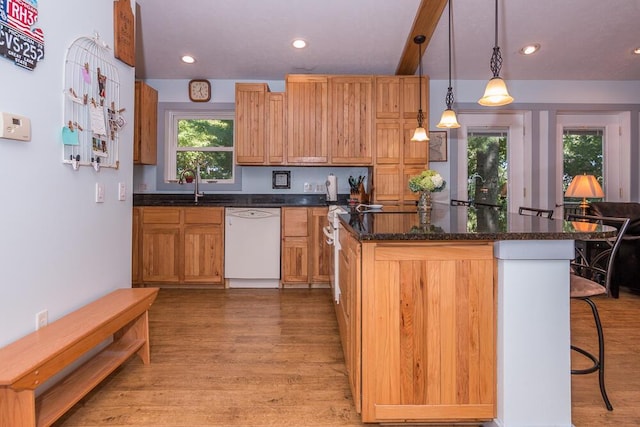 kitchen featuring a wealth of natural light, dishwasher, pendant lighting, and hardwood / wood-style flooring