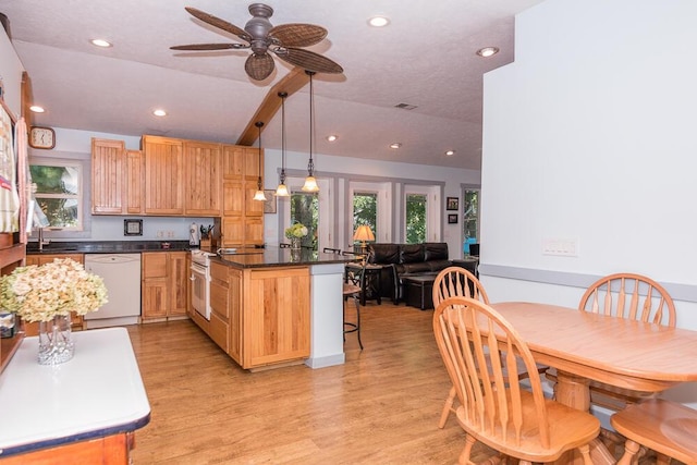 kitchen with pendant lighting, dishwasher, ceiling fan, stainless steel range, and kitchen peninsula