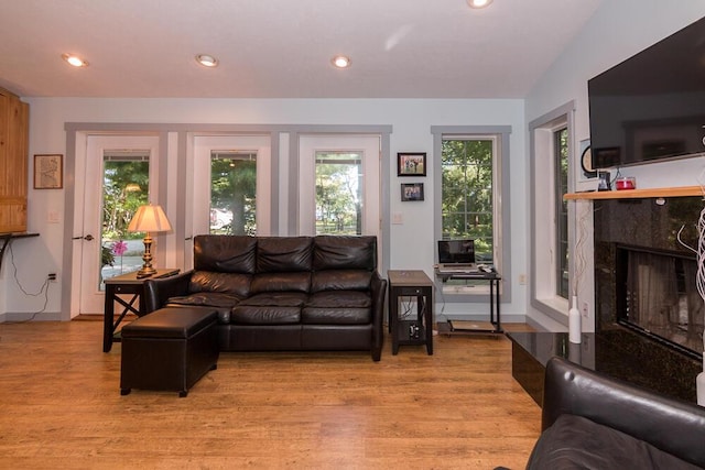 living room with light hardwood / wood-style flooring, a high end fireplace, and lofted ceiling