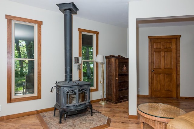 interior space featuring hardwood / wood-style floors, plenty of natural light, and a wood stove