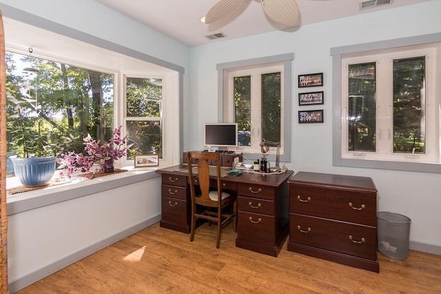 home office with ceiling fan and light hardwood / wood-style floors