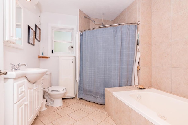 full bathroom featuring tile patterned flooring, shower / bath combo, vanity, and toilet