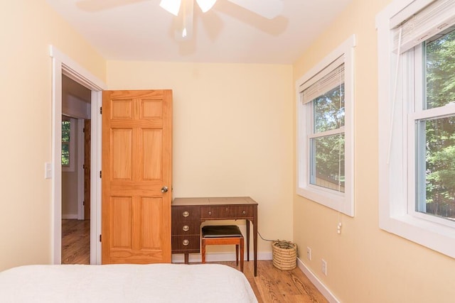 bedroom featuring ceiling fan and hardwood / wood-style flooring