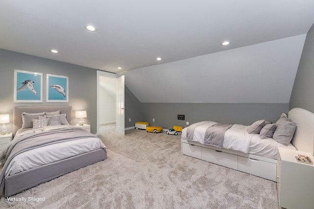 bedroom featuring lofted ceiling, recessed lighting, baseboards, and light colored carpet