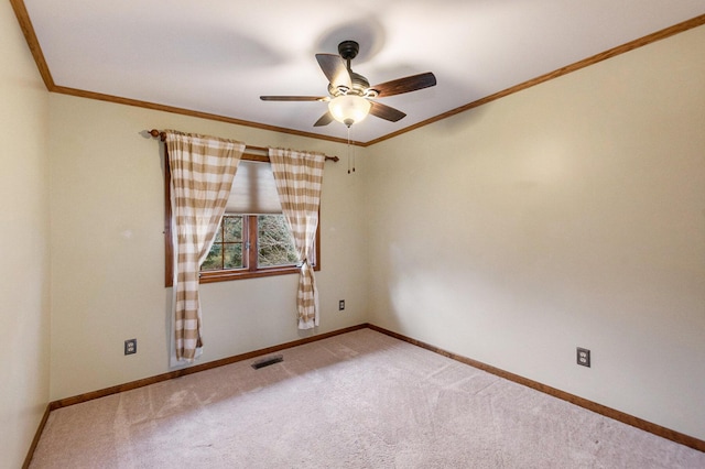 spare room with ceiling fan, carpet, and ornamental molding