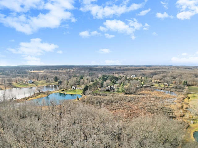 bird's eye view featuring a rural view and a water view