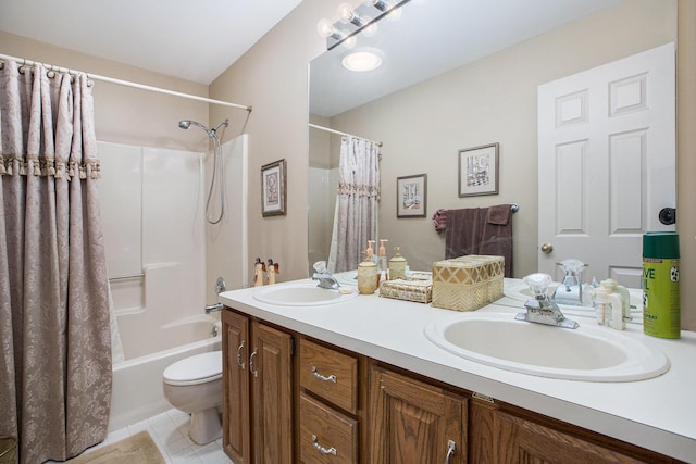 full bathroom featuring tile patterned flooring, vanity, toilet, and shower / tub combo with curtain