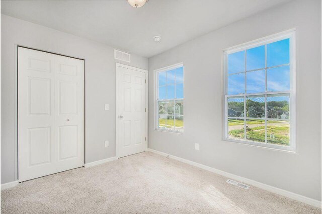 unfurnished bedroom featuring multiple windows, a closet, and light colored carpet