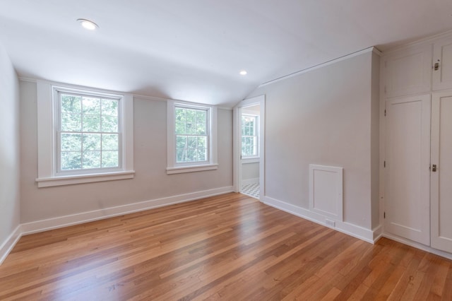 empty room with lofted ceiling, a wealth of natural light, and light hardwood / wood-style flooring