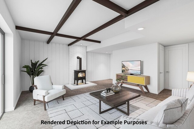 carpeted living room with beam ceiling, a wood stove, and coffered ceiling